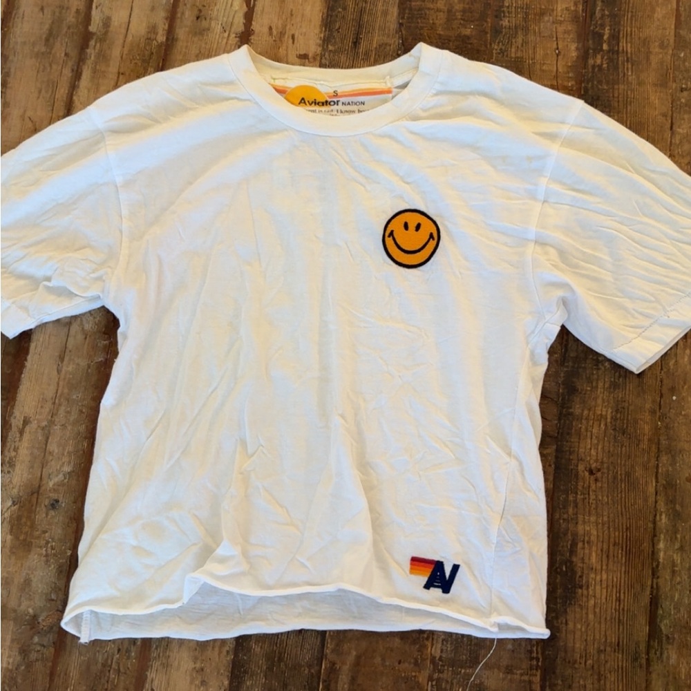 Aviator Nation White Tee with Yellow Smiley Patch